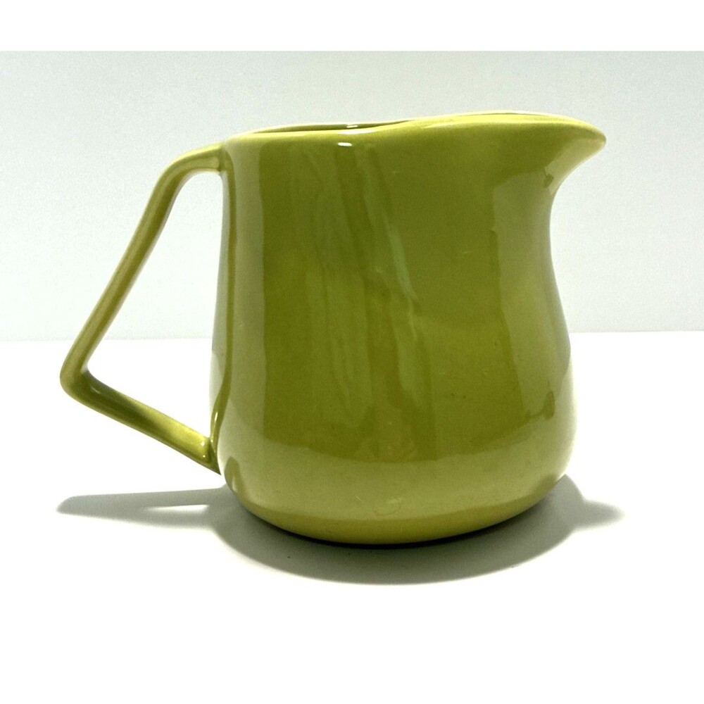 VINTAGE BAUER  MCM CALIF POTTERY PITCHER CHARTREUSE COLOR /  ANGULAR HANDLE